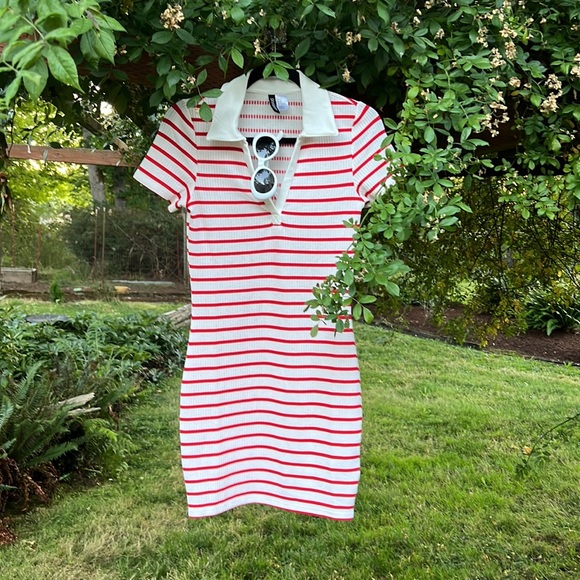 Striped Bodycon Mini Dress DIVIDED Red Stripes Polo Collar - Size M - Picture 8 of 8
